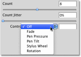Las opciones de control de Contar en la sección Dispersión del panel Pinceles en Photoshop. 