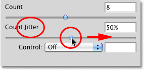 La opción Count Jitter en la sección Dispersión del panel Pinceles en Photoshop. 