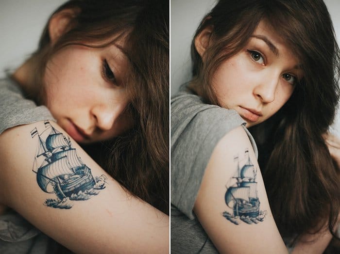 Un díptico de fotografía de retrato genial de una modelo femenina con un tatuaje de barco