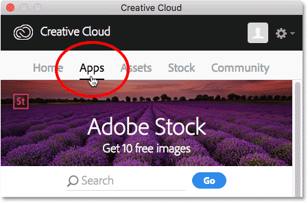Elección de la categoría Aplicación en la aplicación Creative Cloud.