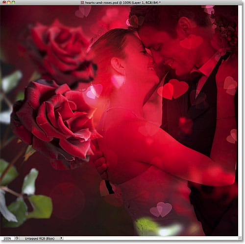 Novios de Photoshop con imagen de corazones y rosas. 