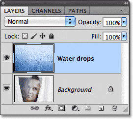 Panel de Capas de Photoshop que muestra la nueva capa de Gotas de agua.