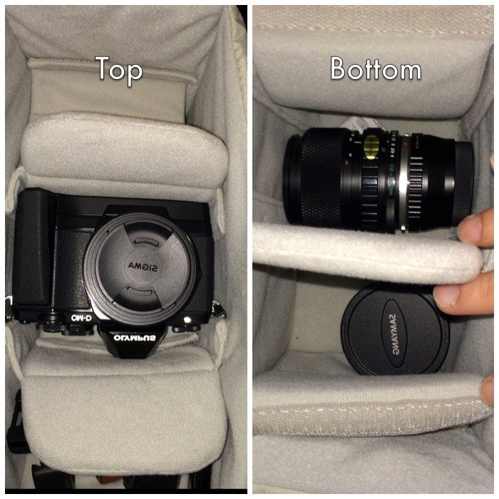 la parte interior superior e inferior de la bolsa para cámara Tenba Messenger