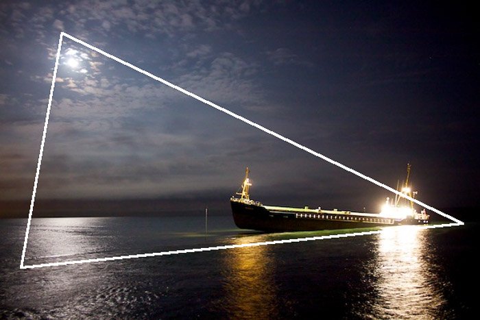 Una imagen de un barco en el mar por la noche con un triángulo de composición superpuesto: reglas de composición de fotografías