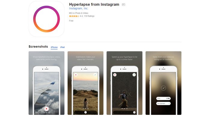 Captura de pantalla de la página de inicio de la aplicación de lapso de tiempo 'Hyperlapse from Instagram'