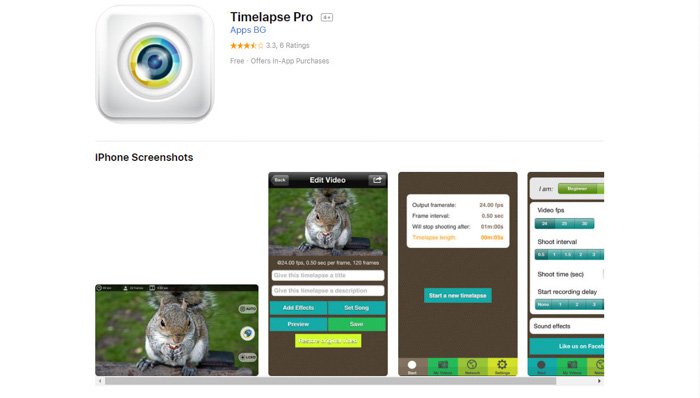 Captura de pantalla de la página de inicio de la aplicación 'TimeLapse Pro'
