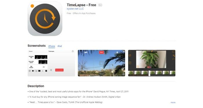 Captura de pantalla de la página de inicio de la aplicación 'TimeLapse free'