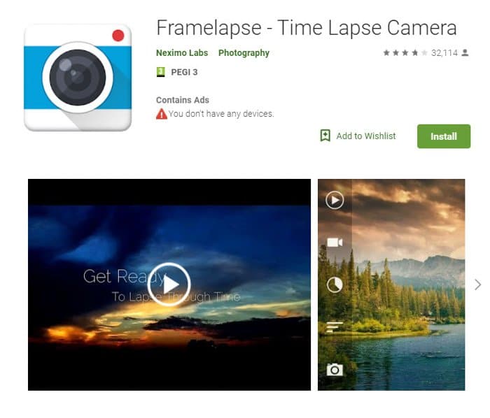Captura de pantalla de la página de inicio de la aplicación de lapso de tiempo 'FrameLapse'