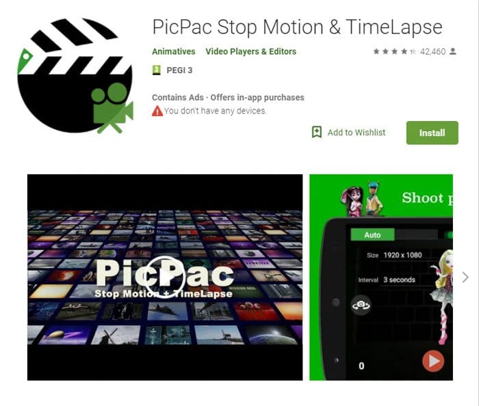 Captura de pantalla de la página de inicio de la aplicación 'PicPac stopmotion and timelapse'