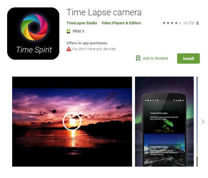 Captura de pantalla de la página de inicio de la aplicación 'TimeLapse camera'