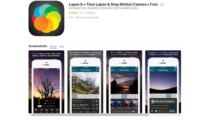 Captura de pantalla de la página de inicio de la aplicación de lapso de tiempo 'Lapse It'