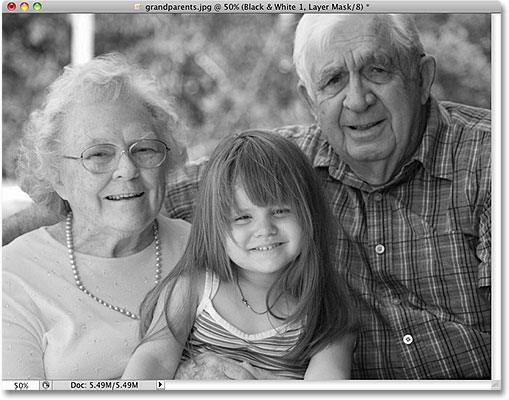 Una versión en escala de grises de la imagen, que la mayoría de la gente considera en blanco y negro.  Imagen © 2010 Photoshop Essentials.com