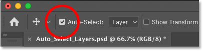 La marca de verificación de selección automática en la barra de opciones en Photoshop