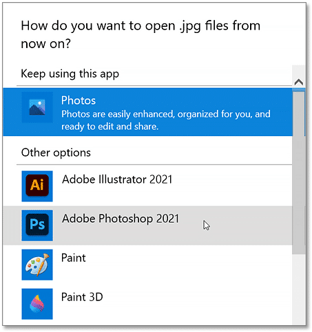 Seleccionar Photoshop como el nuevo editor de imágenes predeterminado en Windows.