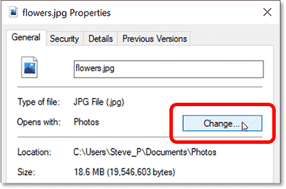 Hacer clic en el botón Cambiar en las propiedades de la imagen en Windows.