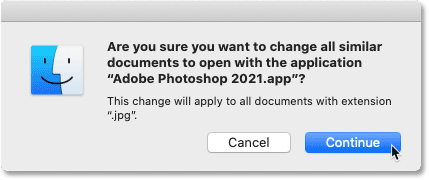 Confirmando que todos los archivos JPEG deberían abrirse en Photoshop en macOS