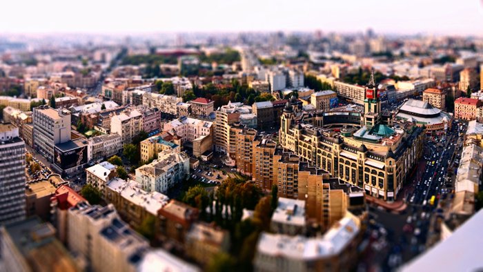 panorama de una ciudad usando una lente de cambio de inclinación
