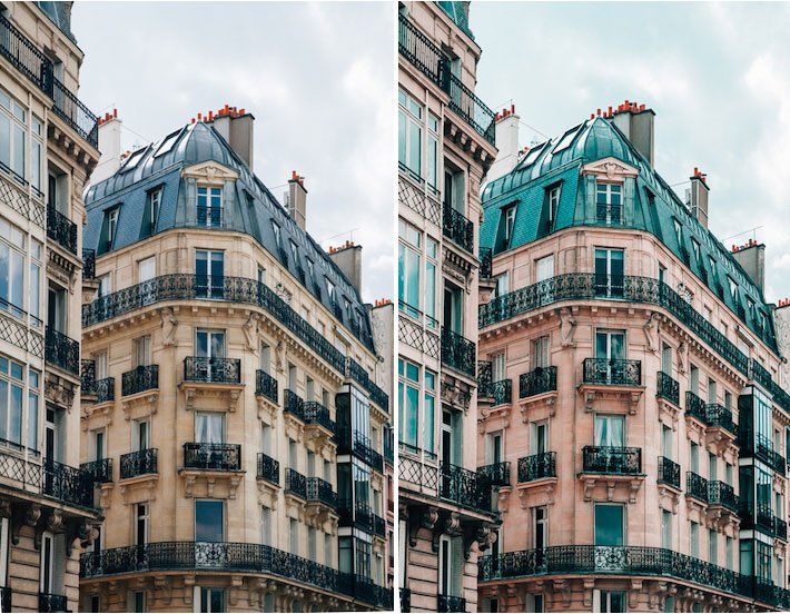 Díptico que muestra la fotografía de arquitectura antes y después de la edición para agregar el efecto verde azulado y naranja.
