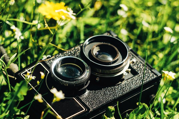 Imagen de una cámara de película de doble reflejo entre flores y césped