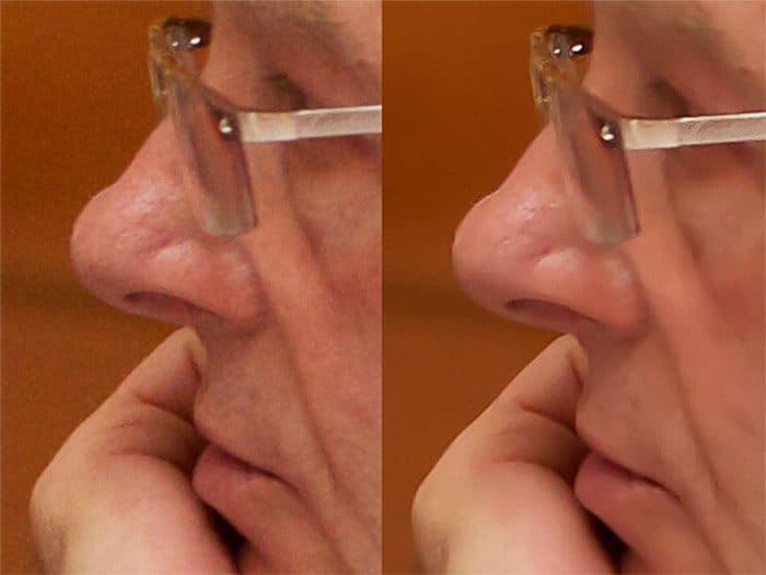 díptico primer plano retrato de un hombre con gafas, comparando antes y después de usar la reducción de ruido