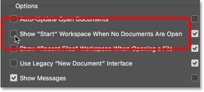 Desmarcando la opción Mostrar espacio de trabajo START cuando no hay documentos abiertos.  Imagen © 2016 , Photoshop Essentials.com