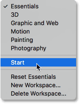 Cambiando de Essentials de nuevo al espacio de trabajo de Inicio.  Imagen © 2016 , Photoshop Essentials.com