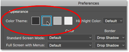 La opción Tema de color en las Preferencias de Photoshop CC.