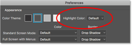 La opción Color de resaltado en las preferencias de Interfaz en Photoshop CC.
