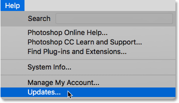 Seleccionando Actualizaciones en el menú Ayuda en Photoshop CC.