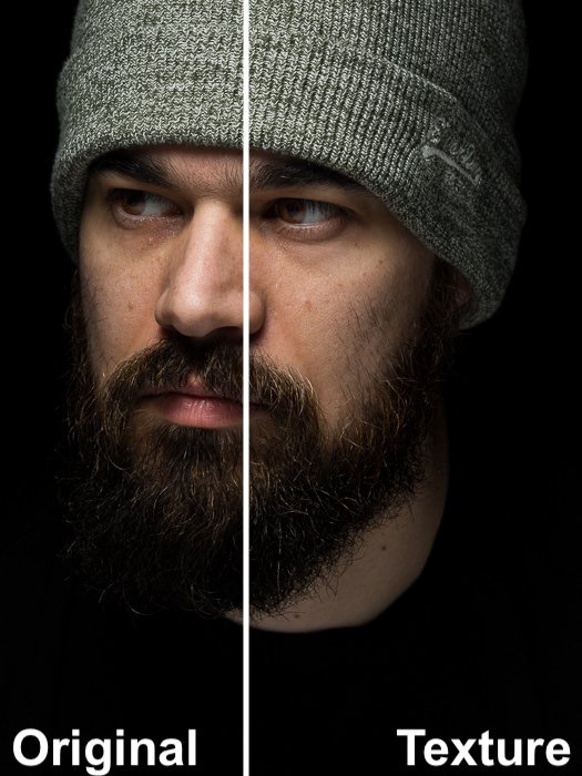 Imagen dividida que muestra los efectos del control deslizante de control de textura de Lightrooms en un retrato de un modelo masculino