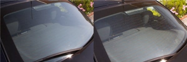 imágenes de comparación sobre cómo eliminar los reflejos de la ventana de su automóvil con un filtro polarizador