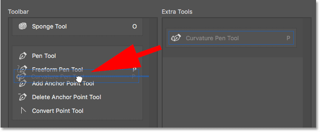 Arrastrar la herramienta Pluma de curvatura a la barra de herramientas usando el cuadro de diálogo Personalizar barra de herramientas