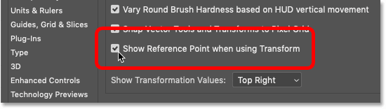 Seleccionar la opción 'Mostrar punto de referencia al usar Transformar' en Photoshop CC 2019