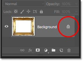 El ícono de candado en la capa Fondo en el panel Capas en Photoshop.