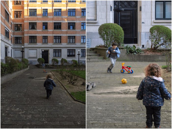 Díptico foto sincera de un niño jugando al aire libre que muestra el efecto de compresión de la perspectiva al pasar de 24 mm a 200 mm.