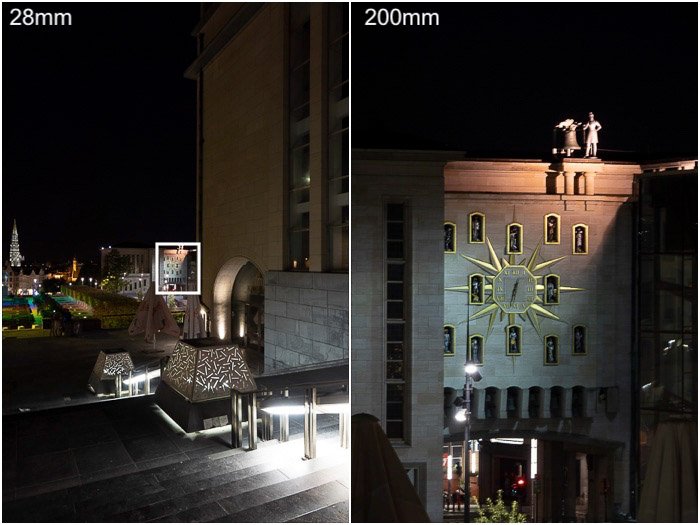 Un díptico de fotografía de viaje de un edificio de noche comparando el uso de una lente de 28 mm y 200 mm