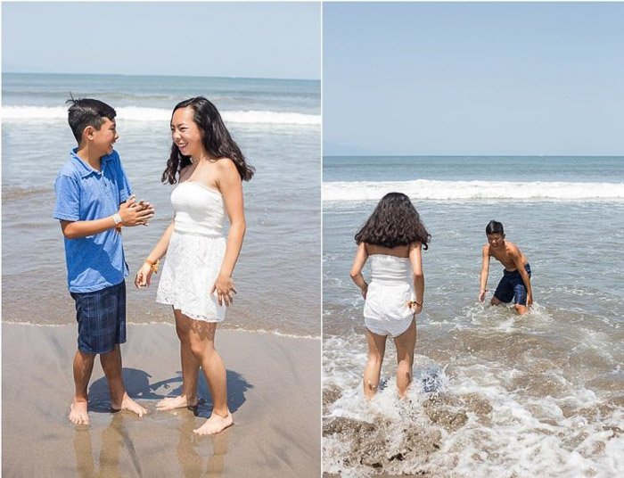 retrato díptico de dos niños pequeños en la playa demostrando buenas maneras de fotografiar niños rebeldes