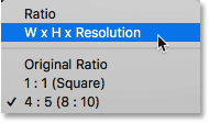 Configuración de la opción de relación de aspecto de la herramienta Recortar en W x H x Resolución