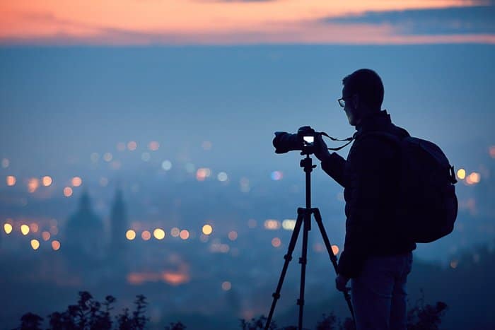 Silueta de fotógrafo en una colina con cámara sobre trípode tomando una foto de una ciudad al atardecer