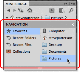 El módulo de navegación en Mini Bridge en Photoshop CS5.
