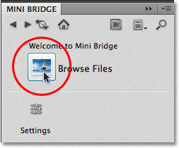 Al hacer clic en el ícono Examinar archivos en Mini Bridge en Photoshop CS5.