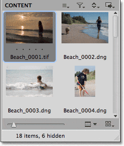 Miniaturas de imágenes en el Pod de contenido en Mini Bridge.