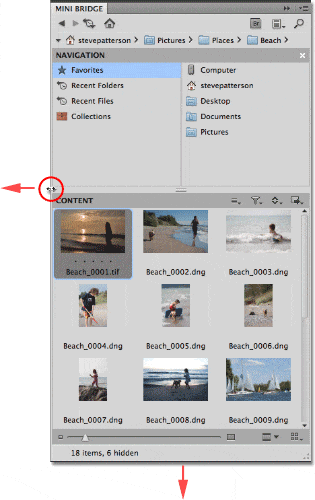Cambiar el tamaño del panel Mini Bridge en Photoshop CS5.