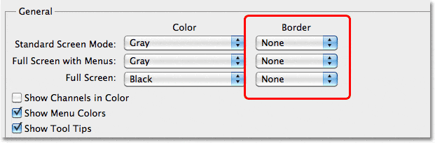Las preferencias del borde de la interfaz en Photoshop CS5.