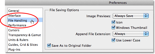 Preferencias de manejo de archivos de Photoshop CS5.