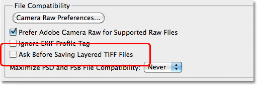Preguntar antes de guardar archivos TIFF en capas en las preferencias de Photoshop CS5.