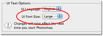 La opción Tamaño de fuente de la interfaz de usuario en las Preferencias de Photoshop CS5.