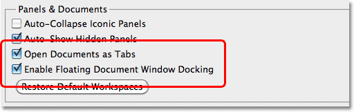 La preferencia de paneles y documentos en Photoshop CS5.