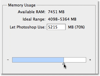 La opción Uso de memoria en las Preferencias de Photoshop CS5.
