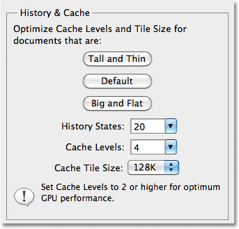 La sección Historial y Caché en las Preferencias en Photoshop CS5.